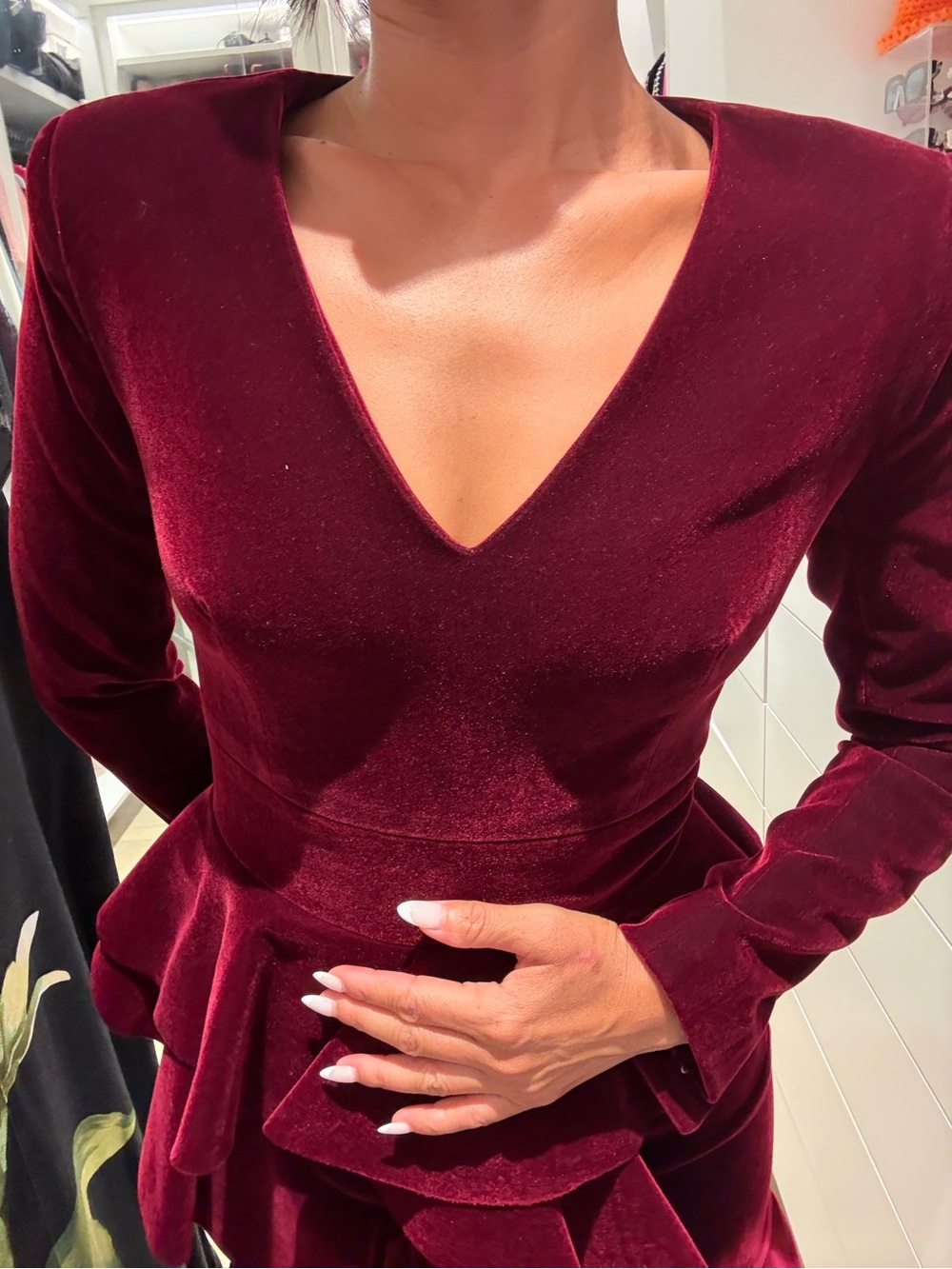Burgundy Velvet Ruffle Mini Dress | Long Sleeve V-Neck Cocktail Party Dress